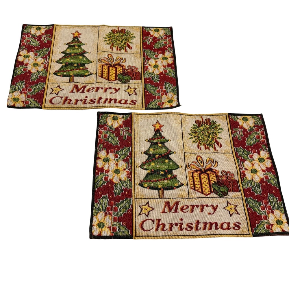 Vintage Merry Christmas Tapestry Placemats Set of 2 Woven Tree Holiday Decor